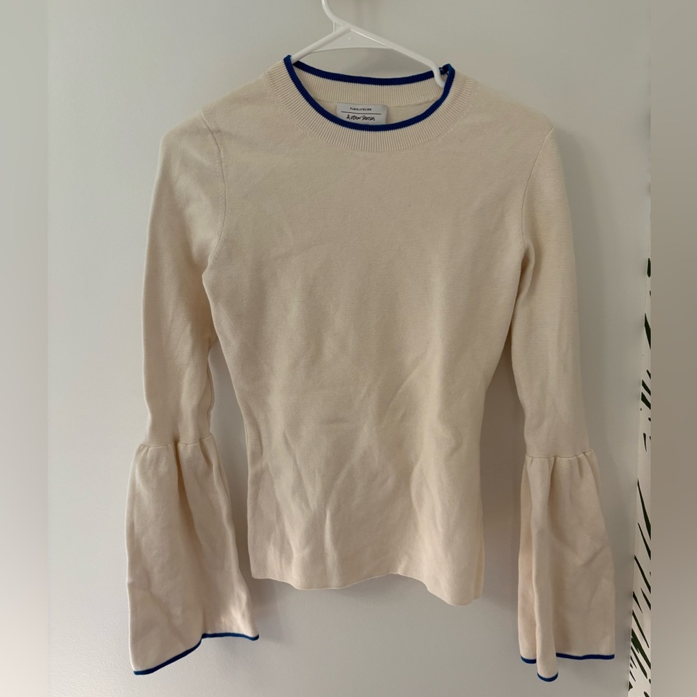 Cream Bell Sleeve Sweater with Blue Trim